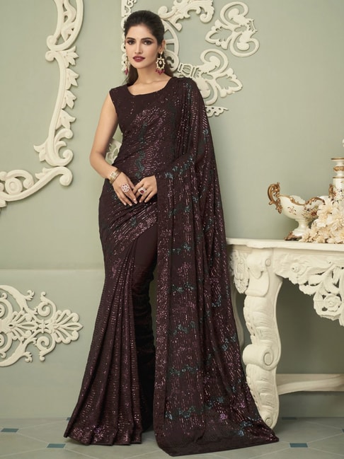 Satrani Brown Embellished Saree With Unstitched Blouse Price in India