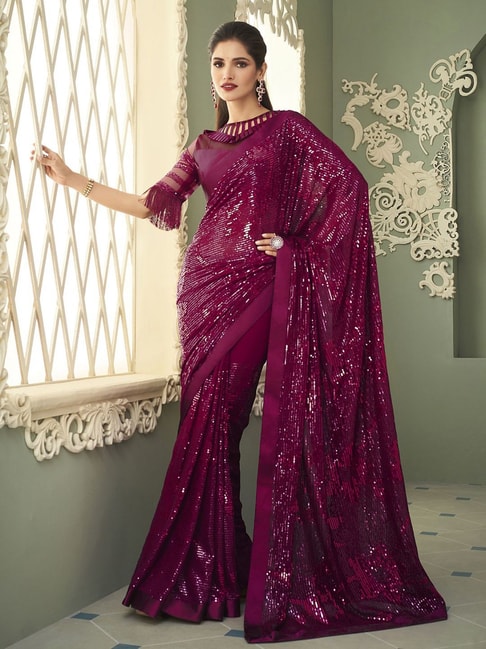 Satrani Wine Embellished Saree With Unstitched Blouse Price in India
