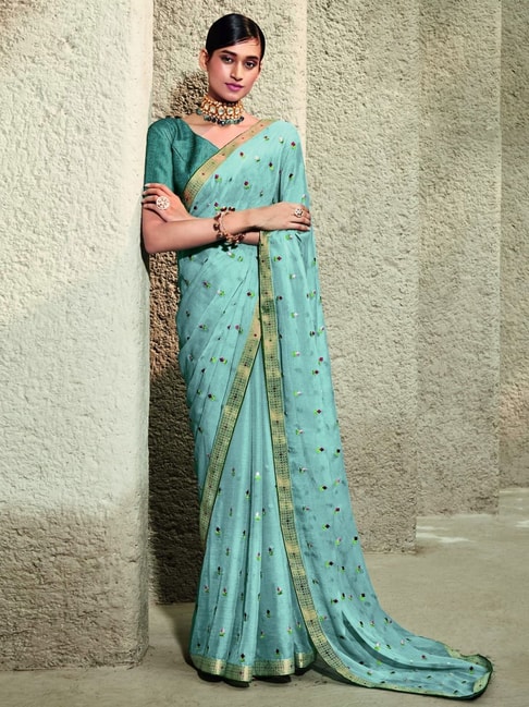 Satrani Blue Embroidered Saree With Unstitched Blouse Price in India