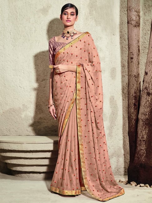 Satrani Peach Embroidered Saree With Unstitched Blouse Price in India