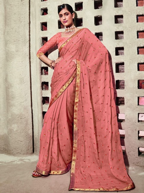 Satrani Pink Embroidered Saree With Unstitched Blouse Price in India