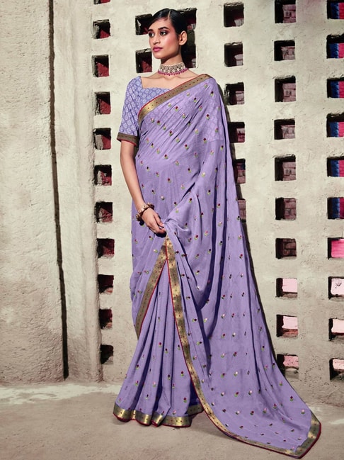 Satrani Purple Embroidered Saree With Unstitched Blouse Price in India