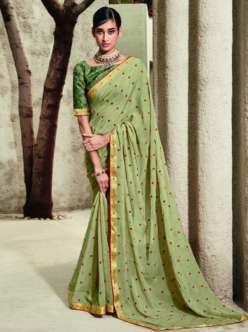 Satrani Green Embroidered Saree With Unstitched Blouse Price in India