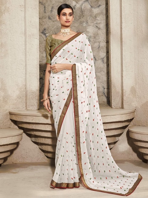 Satrani White Embroidered Saree With Unstitched Blouse Price in India