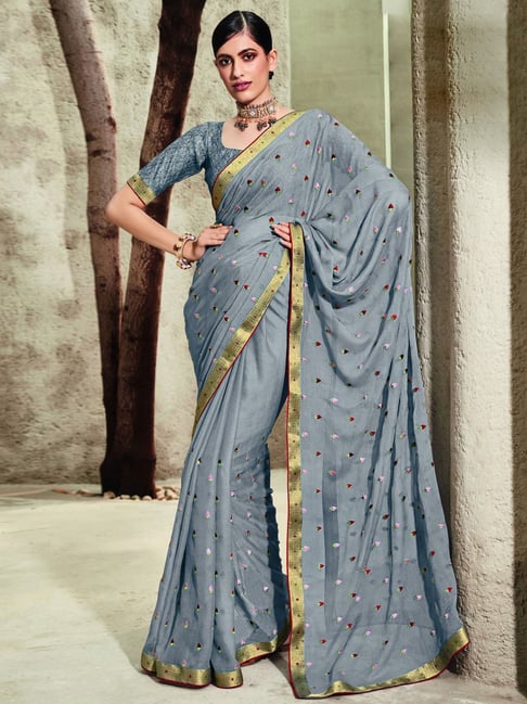 Satrani Grey Embroidered Saree With Unstitched Blouse Price in India