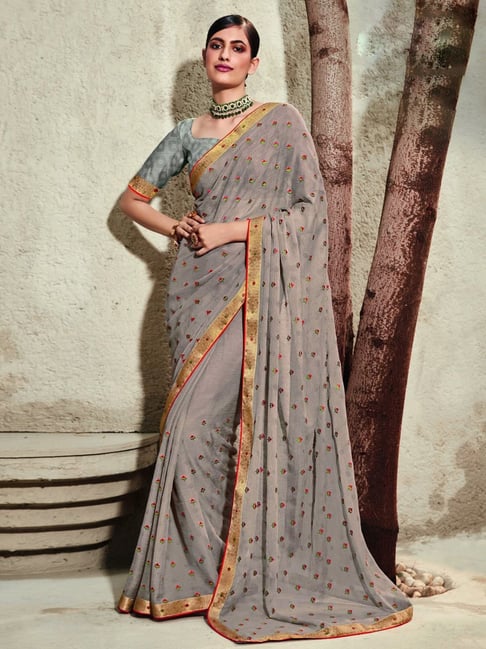 Satrani Grey Embroidered Saree With Unstitched Blouse Price in India