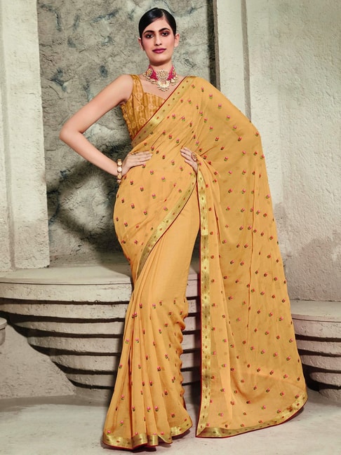 Satrani Yellow Embroidered Saree With Unstitched Blouse Price in India