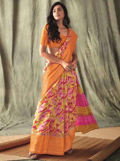 Satrani Yellow Printed Saree With Unstitched Blouse Price in India