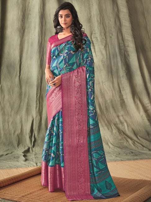 Satrani Blue & Pink Printed Saree With Unstitched Blouse Price in India