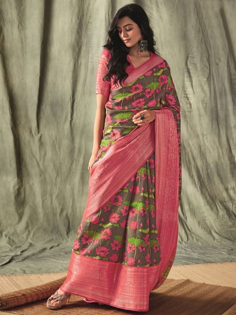 Satrani Brown & Pink Printed Saree With Unstitched Blouse Price in India