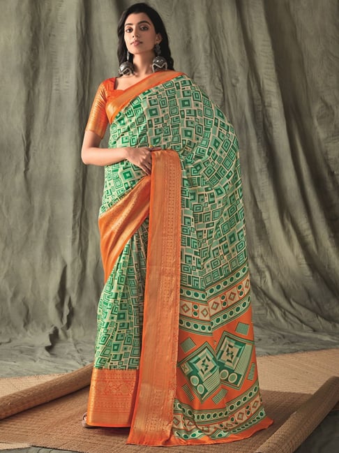Satrani Green & Orange Printed Saree With Unstitched Blouse Price in India