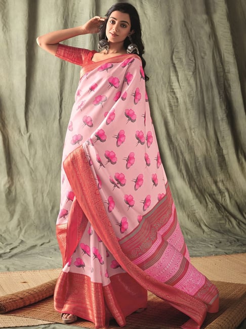 Satrani Pink Printed Saree With Unstitched Blouse Price in India