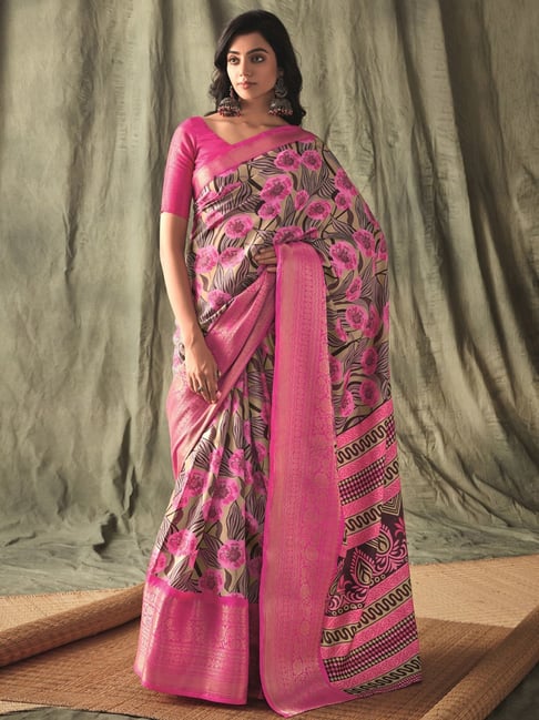 Satrani Brown & Pink Printed Saree With Unstitched Blouse Price in India