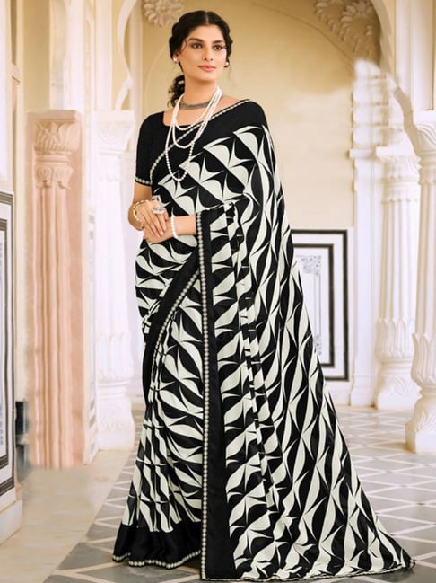 White-Black Casual Wear Stripe Printed Satin Silk Saree