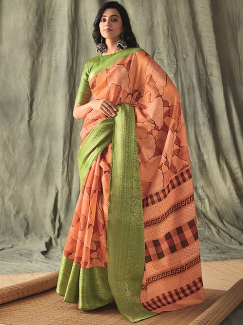 Satrani Orange & Green Printed Saree With Unstitched Blouse Price in India