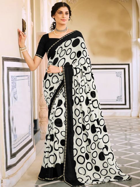 Satrani Off-White & Black Printed Saree With Unstitched Blouse Price in India