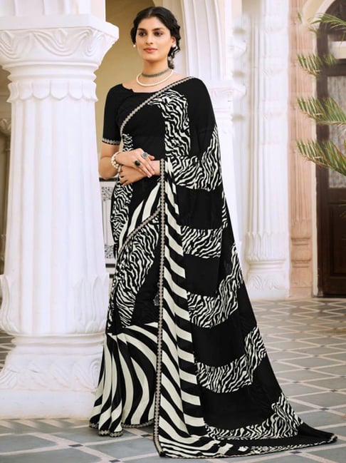 Black White Georgette Digital Print Striped Saree Sari Bollywood Style Saree  Chain Stitch and Sequence Work Sari With Silk Blouse - Etsy