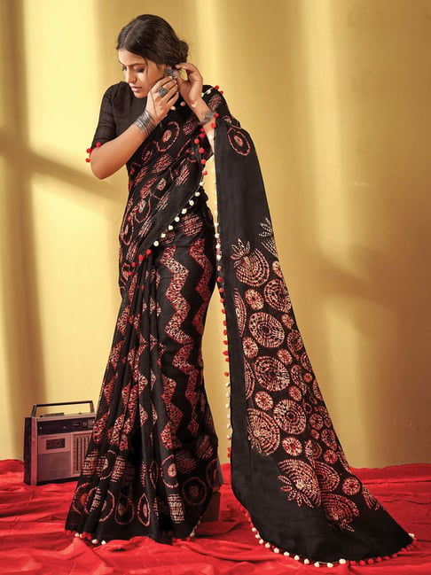 Satrani Black Printed Saree With Unstitched Blouse Price in India