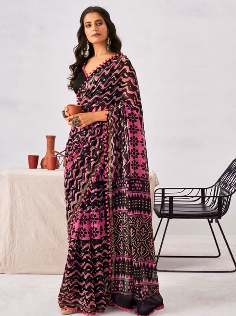 Satrani Black & Pink Printed Saree With Unstitched Blouse Price in India