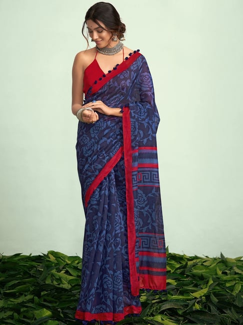 Satrani Blue Printed Saree With Unstitched Blouse Price in India