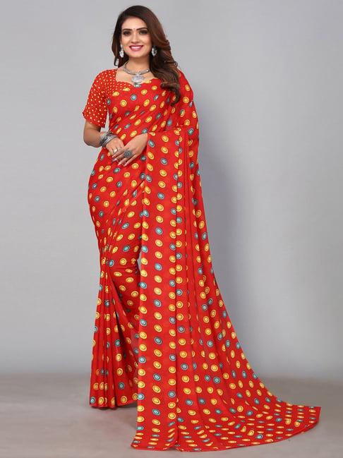 Satrani Red Printed Saree With Unstitched Blouse Price in India