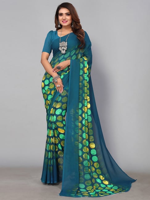 Satrani Blue Printed Saree With Unstitched Blouse Price in India