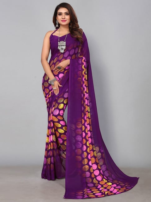 Satrani Purple Printed Saree With Unstitched Blouse Price in India