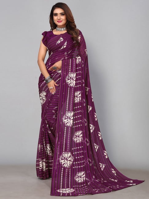 Satrani Purple Printed Saree With Unstitched Blouse Price in India