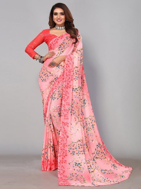 Satrani Coral Printed Saree With Unstitched Blouse Price in India