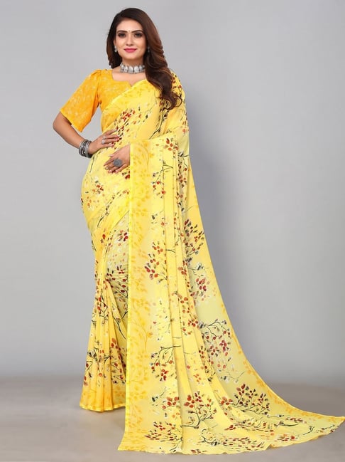 Satrani Yellow Printed Saree With Unstitched Blouse Price in India