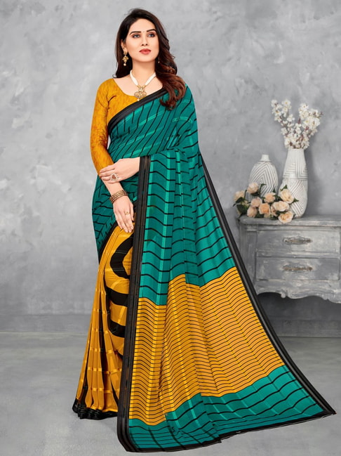 Satrani Mustard & Green Printed Saree With Unstitched Blouse Price in India