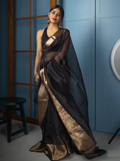 Satrani Black Woven Saree With Unstitched Blouse Price in India