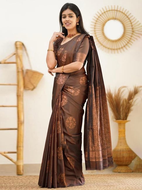 Satrani Brown Woven Saree With Unstitched Blouse Price in India