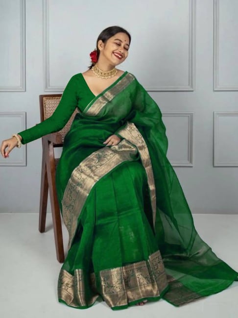 Satrani Green Woven Saree With Unstitched Blouse Price in India