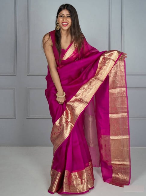 Satrani Pink Woven Saree With Unstitched Blouse Price in India