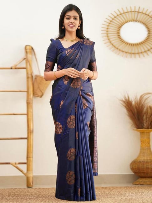 Satrani Blue Woven Saree With Unstitched Blouse Price in India