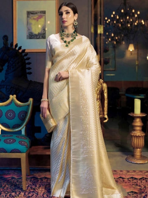 Satrani Golden Woven Saree With Unstitched Blouse Price in India