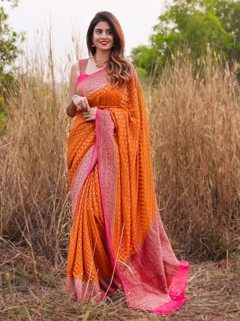 Satrani Orange Woven Saree With Unstitched Blouse Price in India
