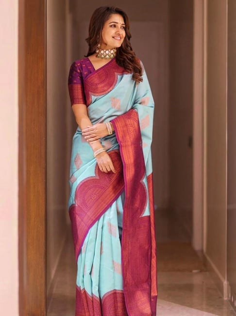 Satrani Blue & Purple Woven Saree With Unstitched Blouse Price in India