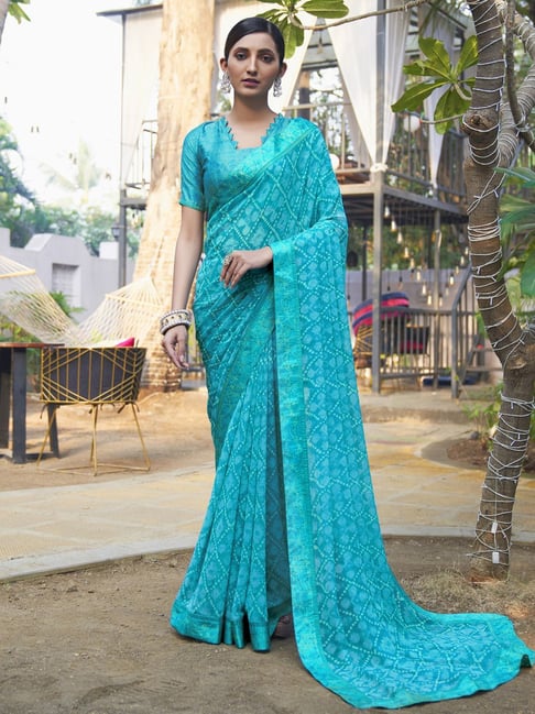 Satrani Blue Printed Saree With Unstitched Blouse Price in India