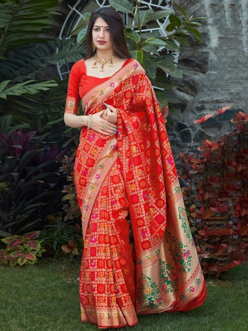 Satrani Red Woven Saree With Unstitched Blouse Price in India