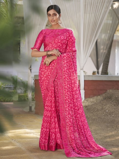 Satrani Pink Printed Saree With Unstitched Blouse Price in India