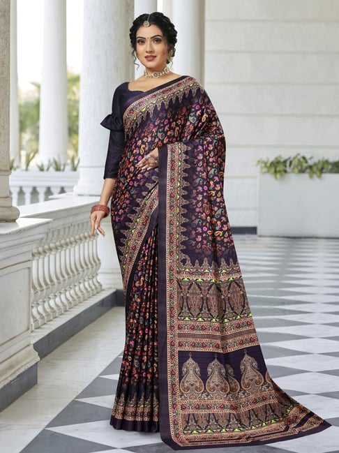 Satrani Navy Printed Saree With Unstitched Blouse Price in India