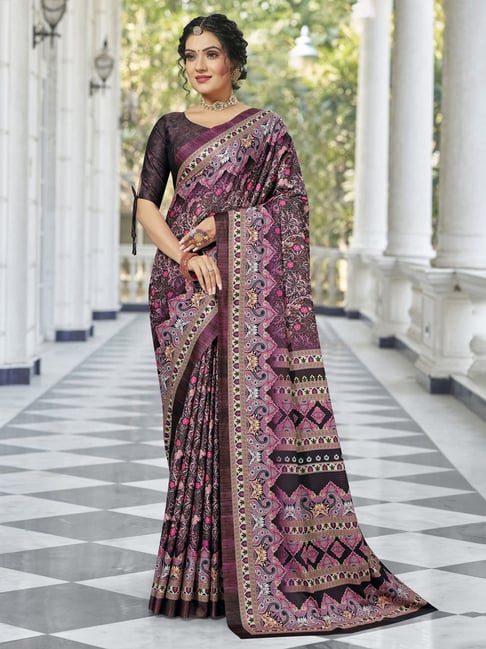 Satrani Purple Printed Saree With Unstitched Blouse Price in India