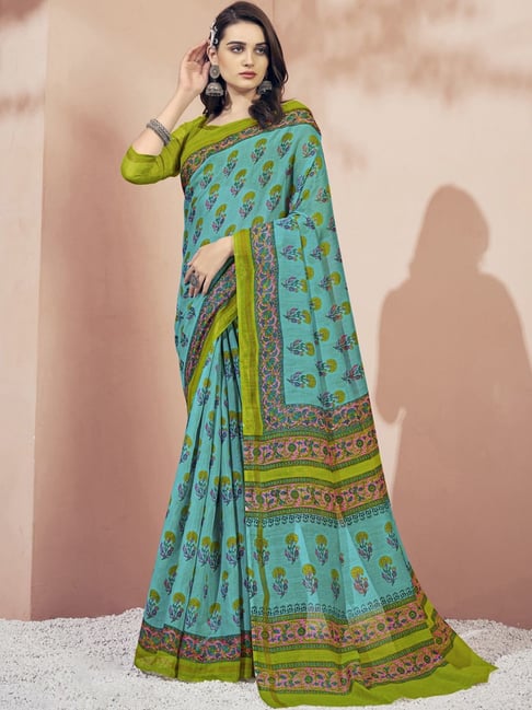 Satrani Blue & Green Printed Saree With Unstitched Blouse Price in India