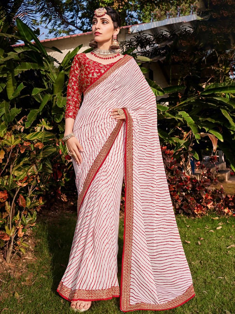 Satrani White & Red Printed Saree With Unstitched Blouse Price in India