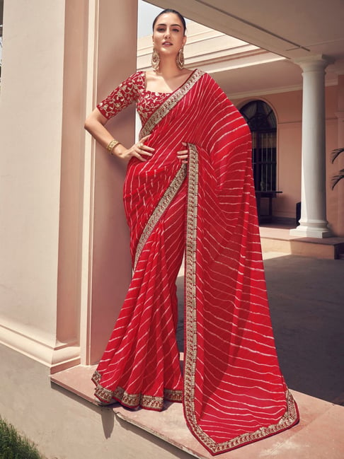 Satrani Red Printed Saree With Unstitched Blouse Price in India