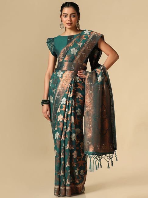 Satrani Green Woven Saree With Unstitched Blouse Price in India