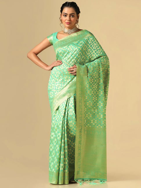 Satrani Green Woven Saree With Unstitched Blouse Price in India