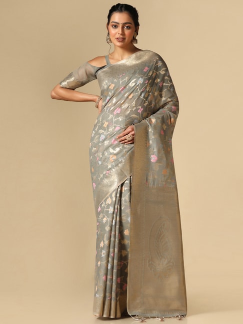 Satrani Grey Woven Saree With Unstitched Blouse Price in India